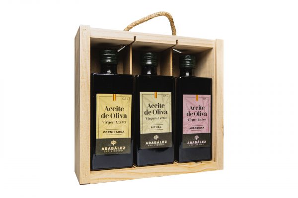 Estuche 3 variedades Aceite de Oliva Virgen Extra Arabález. Picual, Cornicabra, Arbequina (500 ml.)